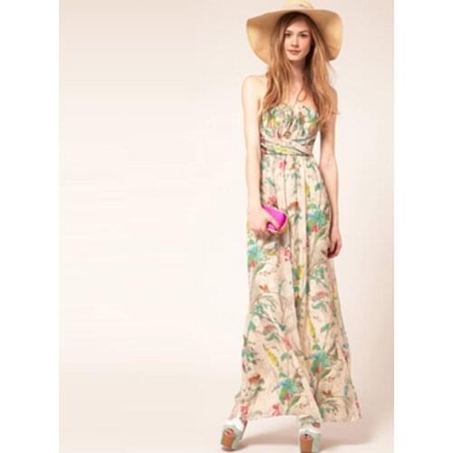 New Womens Fashion Plant Flower Print Chiffon High Waist Dress