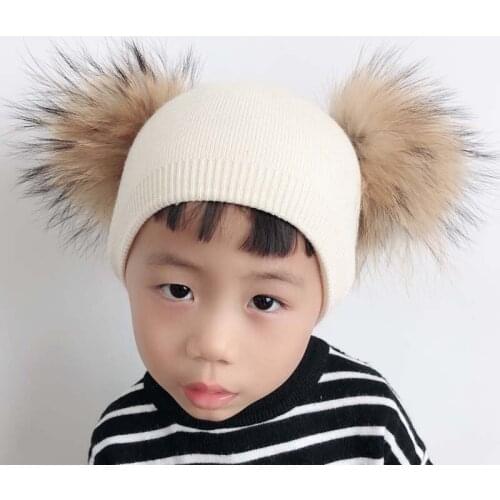 Winter Baby Hat With Two Fur Pompom Boy Girls Cashmere Wool Knitted Beanie Kids Caps Double Real Fur Pom Pom Hat For Children