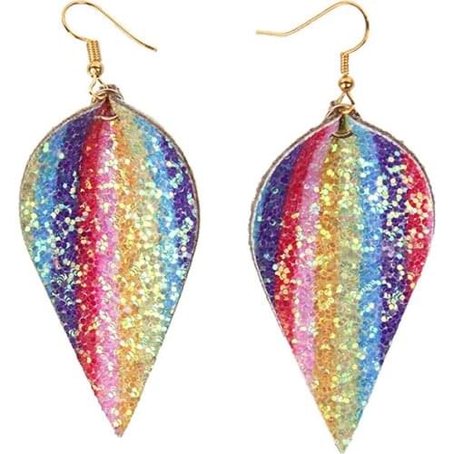 ZWPON 2020 Glitter Rainbow PU Leather Leaf Earrings for Women Looking Various MultiColors Leather Dangle Drop Earrings Wholesale