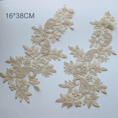 1pair beaded embroidered lace appliques for wedding dresses Rhinestone lace applique patches Embroidery lace parches ropa