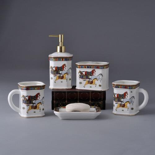 Bathroom Accessories 5 Pieces Set Ceramics Soap Dispenser Toothbrush Holder Gargle Cups Soap Dish Wedding Gifts Free Shipping