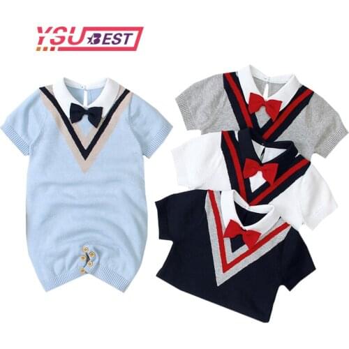 Baby Rompers Knitted Gentleman Style Baby Girl Jumpsuit Clothes Short Sleeved Newborn Boy Overalls Children One Piece Costume