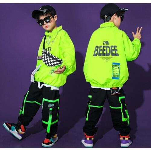 Fluorescent Green Jacket Cargo Pants Hiphop Suit Jazz Dance Costumes Ballroom Hip Hop Dance Rave Clothes Stage Outfits DQS7882
