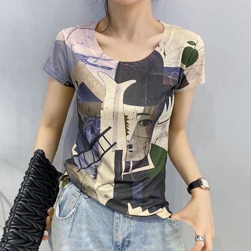 Printed T-shirt Womens Short Sleeve 2020 Summer New Fashion Painted Printed Slim Shirt Top
