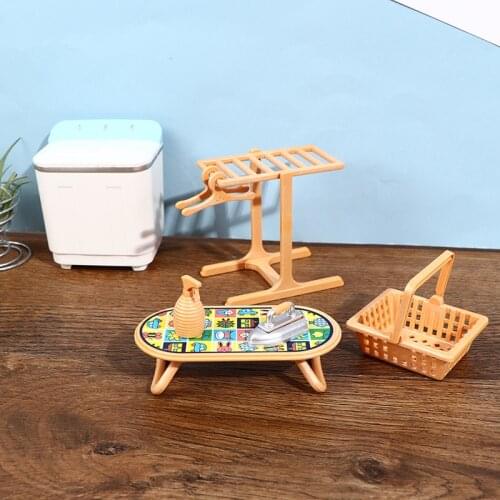 Hot!8pcs/Set 1:12 Doll House Mini Furniture Washing Machine Drying Rack Iron Laundry Basket Model Scene Toy