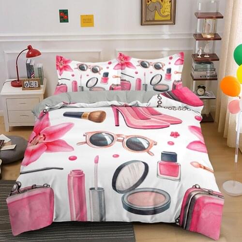 WOSTAR King size duvet cover set sweety girl cosmetic printed lipstick mascara comforter bedding set luxury home textiles