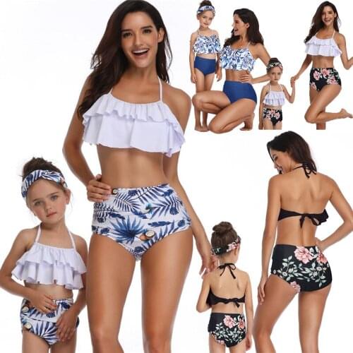 Halter Swimsuit Women Two Piece Flounce top with High Waist Print Bottom Tankini Set Parent Child Swimwear Girls Bathing Suit