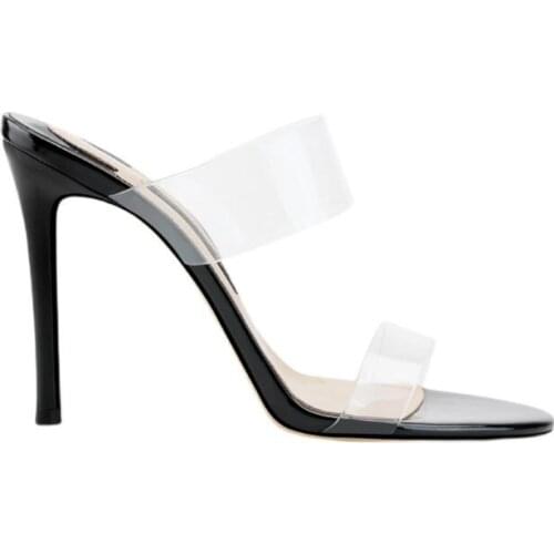 Linamong Woman Fashion Black Red Pink Nude White Sliver Transparent PVC Sandals Female Thin Heels Slip On Slippers Shoes Lady