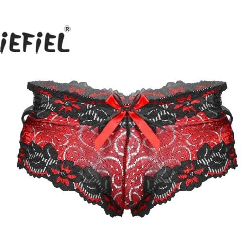Mens Gay Male Low Waist Lace Sissy Lingerie Briefs Bowknot Hollow Out Jockstraps Panties Boxers Shorts Underwear Underpants