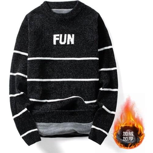 2019 Men Sweater Plush thickened O Neck Striped Slim Fit Knittwear Mens Sweaters Pullovers Men Pull