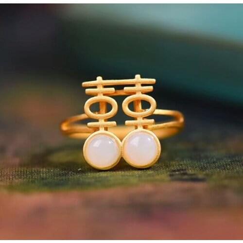 Natural chalcedony 925 sterling silver gilt inlaid hetian jade rings chinese xi good luck happiness for women rings resizable