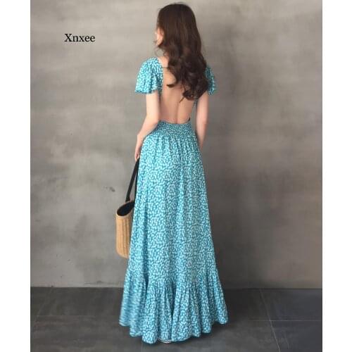 Froral Print Dress Long Tropical Sky Blue Backless Dress Sexy Boho Sling Women V Neck Party Night Elegant Sexy Maxi Summer