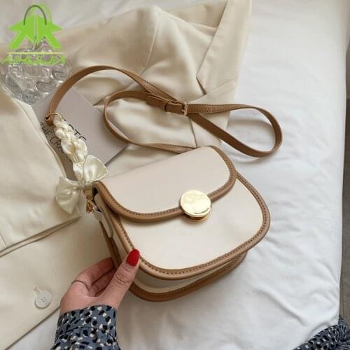 Solid Color Fashion New Shoulder Handbags Ribbons Chain Simple Messenger Bags Elegant Small PU Leather Crossbody Bags For Women
