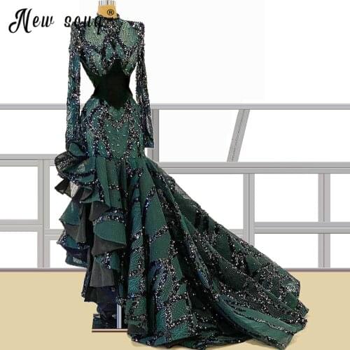 Dark Green Long Sleeve Muslim Mermaid Prom Dress Peacock High Neck Dresses 2021 Evening Party Gown robe de soiree Turkish