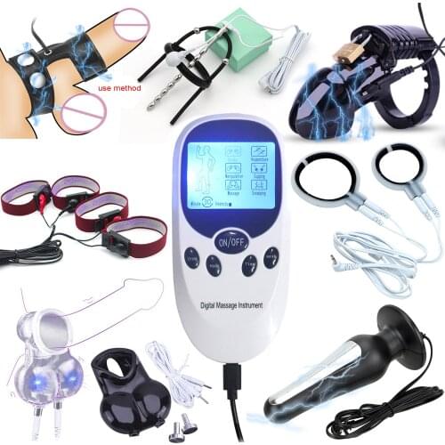 USB Charging Electro Shock Cock Cage Scrotum Sleeve Electric Stimulation Anal Plug Penis Plug Ring BDSM Male Chastity Sex Tools