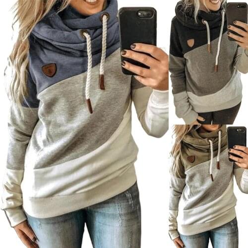 Women Autumn Winter Sports Stitching Hoodie Cotton Blend Long Sleeve Sweatshirt