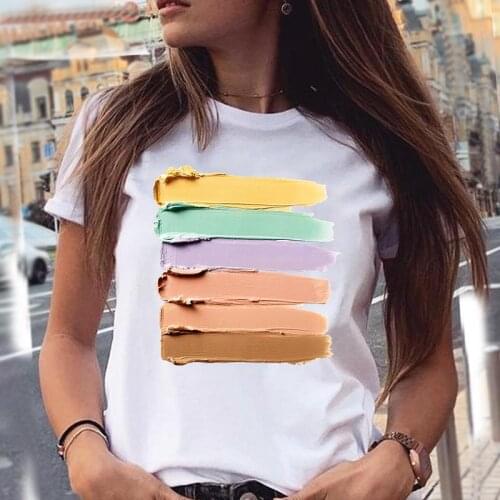 Women 2021 New Striped Make Up Short Sleeve Cartoon Summer Fashion Tshirts Clothes T Top Ladies Print Tee T-Shirt Clothing