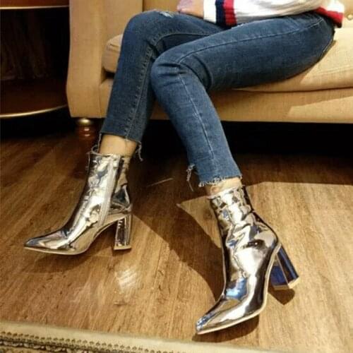 Silver Leather Boots Women Silver Chelsea Boots Short Ankle Zipper Pointed Toe Snow Botas Femme Thick High Heels Wedges Botines
