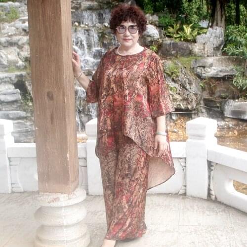 5xl 6xl 7xl plus size 2 piece outfits for women pants and top elegant casual loose print vintage two piece set women suits H105