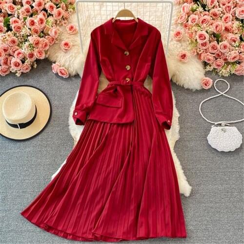 Fashion Women Autumn Maxi Dress High Street Long Sleeve Pleated Long Dresses Office Lady Red Vestidos Robe Female Clothing 2021