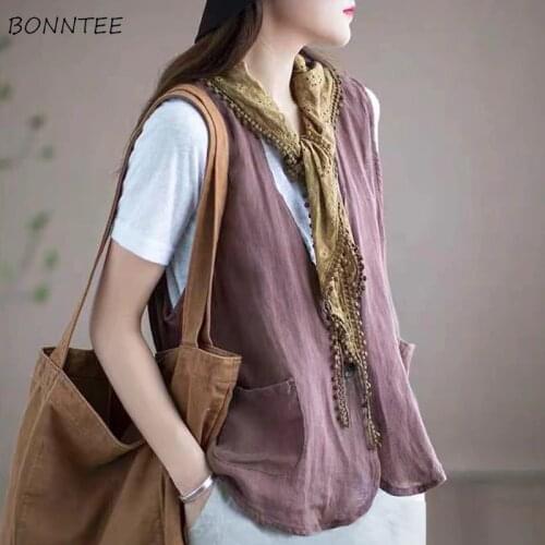 Vests Women Vintage Loose All-match High Quality Casual Outwear 4 Colors Fashion V-neck Daily Tender Summer Retro Lovely Femme