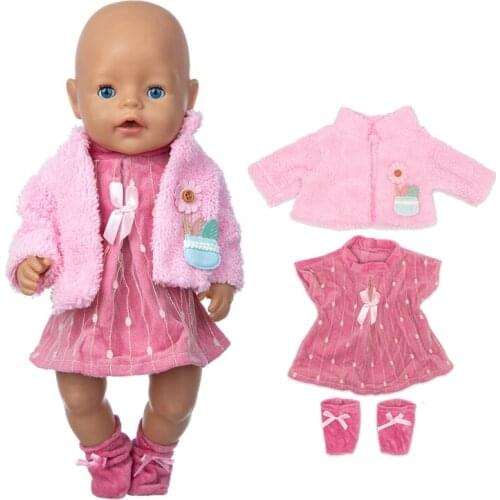 Winter Pink Plush Coat Dress Socks Suit Wear Fit 17inch 43cm Baby Doll Reborn Babies Doll Clothes Accessories,42 cm Nenuco Doll