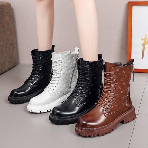 LAASIMI Winter Plush Warm Women Boots For Genuine Leather Zipper Ladies Motorcycle Boot Shoes Woman Print Rubber Footwear 2021