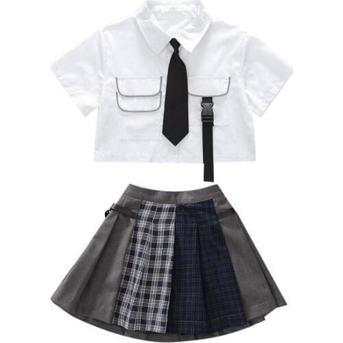 2021 Baby Girl Clothing Set 2pcs Short Sleeve Shirt with Tie Patchwork Mini Plaid Skirt JK College Style Suit Childrens Clothes