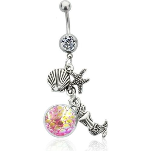 Dangle Belly Bars Belly Button Rings Belly Piercing Bohemian Crystal Pink Mermaid Body Jewelry Navel Piercing Rings Neylanly