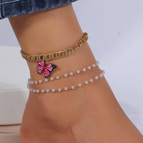 S2336 Fashion Jewelry Butterfly Pendant Anklet Multi Layer Beads Chain Anklets