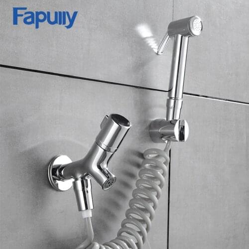 Fapully Solid Brass Chrome Bathroom Handheld Bidet Faucet Toilet Portable Bidet Shower Sprayer Jet Set Water Bidet Mixer P100-01