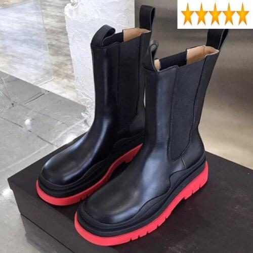 Winter Classic Chelsea Autumn Women Platform Real Leather Shoes Fashion Elastic Slip-On Round Toe Black Motorcycle Boots