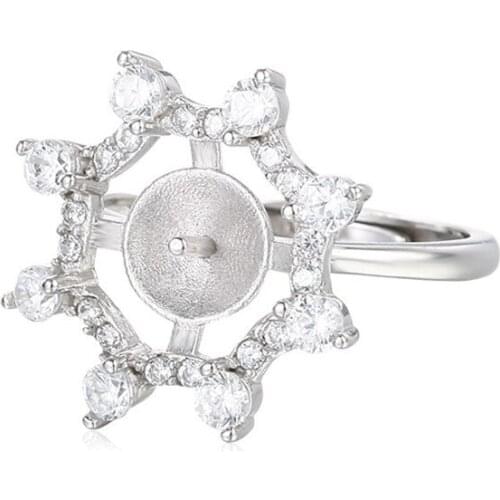 Ring Blank for 8mm-9mm Round Beads or Pearls White Gold Plated 925 Silver Zircon Ring Setting Adjustable Ring Base SR0096