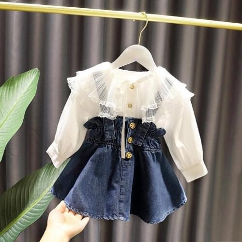 Fashion 2 Pieces Girl Dress Sets Summer New 2021 Lace White Shirts And Denim Button Dresses Children Clothing Suits Top Quality