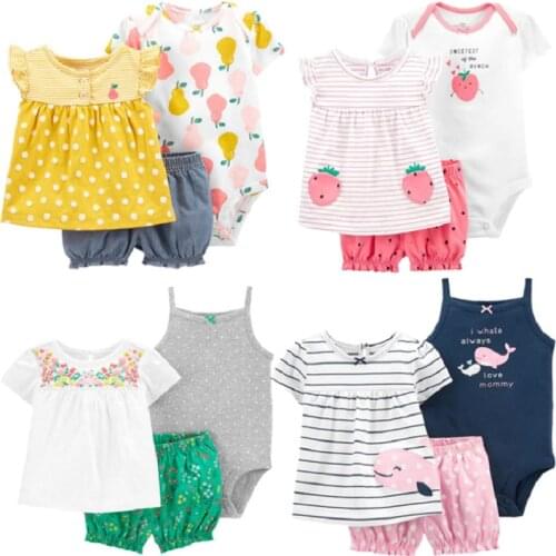 3PCS SETS Newborn Infant Baby Girl Boy Clothing 2021 Summer Floral Tops T-shirt+Bodysuit+Shorts Baby Girl Outfit