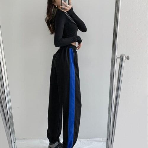 TVVOVVIN Side Striped Contrast Trouser Women Casual High Waist Loose Tie Feet Sweatpants Streetwear Lace-up Harem Pants ORH4