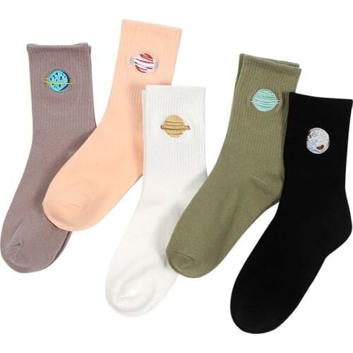 5 Pairs Women Socks Set Spring Autumn Japanese Cartoon Planet Pure Cotton Embroidery Soft Breathable Middle Tube Cute Harajuku