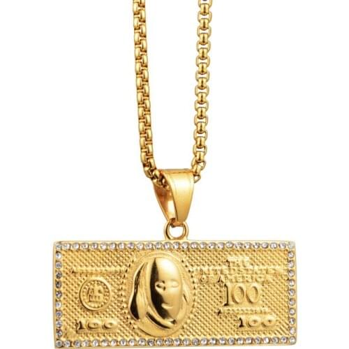 Hiphop Iced Out $100 Dollars Money Pendant Necklaces For Men Male Gold Color Stainless Steel Chains Mens Hip Hop Jewelry Gift