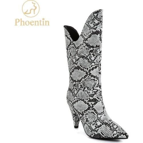Phoentin 2019 new arrival snake print booties spike high heels v shape top pointed toe pu leather slip on mid calf boots FT710