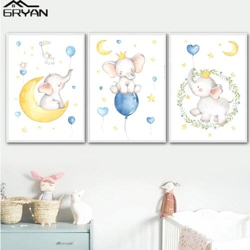 Happy Elephant Cartoon Nursery Wall Art Canvas Print Painting Animal Moon Star Balloon Poster Kids Baby Room Decoration Pictures