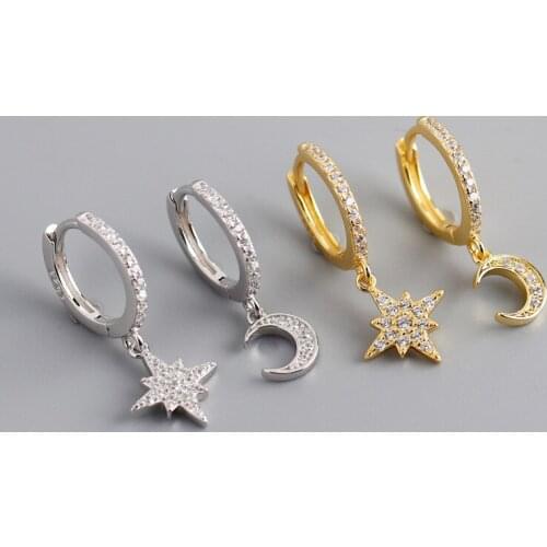 Enosola Real 100% 925 Sterling Silver Inlaid CZ Star & Moon Hoop Earrings for Women Party Wedding Jewelry Accessories Gift