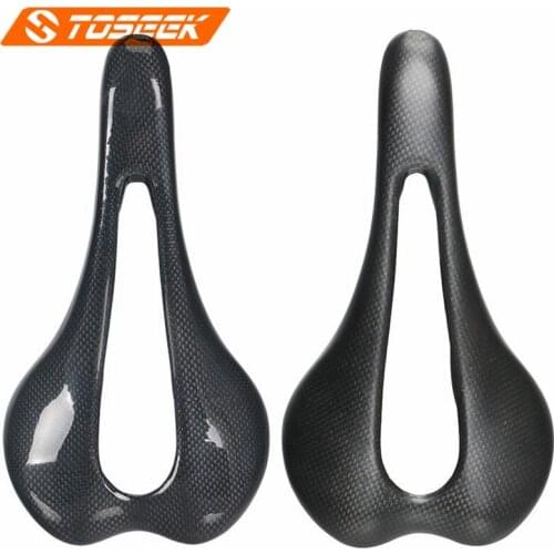TOSEEK Carbon Fiber Saddle Road Bike Mountain Road Bicycle Hollow Cushion Seat Carbon Bow 7*9 Matte Glossy Black