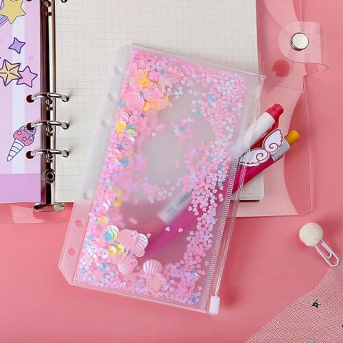 A5/A6/A7 Loose-leaf Notebook Zipper Bag Pink Sequin File Folder Holder Bags 6 Hole Transparent PVC Business Diary Storage Pouch