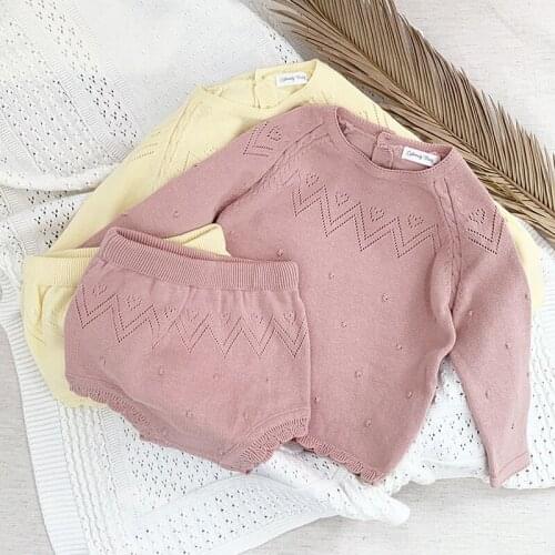 Spring Autumn Baby Boy Girl Long Sleeve Knit Sweater + Shorts Suit Infant Kids Baby Boy Girl Hollow Out Children Clothes Suit