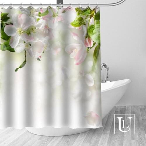 High Quality Custom Cherry Blossoms Shower Curtain Polyester Fabric Bathroom Curtain Hooks Mildew Resistant Bathroom Decor