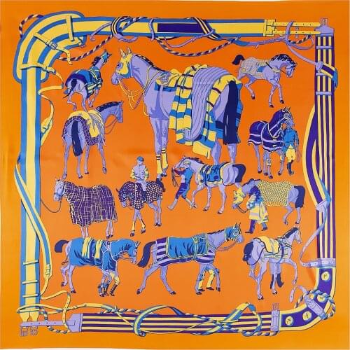 130*130cm Luxury women Chain carriage square twil silk scarf fashion female shawls and wraps foulard femme horse print banadana