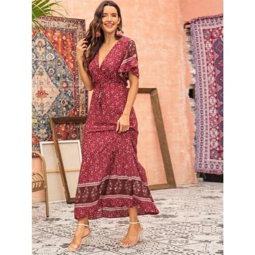 Deep V Short Sleeve Long Slim Umbrella Print Dress Elegant Summer Dress Womens New Summer Dress 2021 High Waist Lace