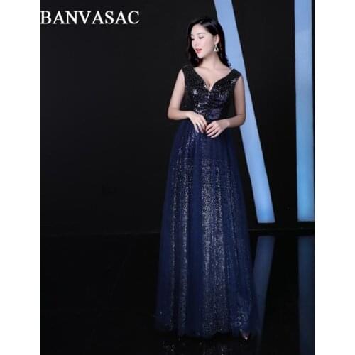 BANVASAC 2018 Deep V Neck Sequined A Line Long Evening Dresses Elegant Party Sleeveless Zipper Back Prom Gowns