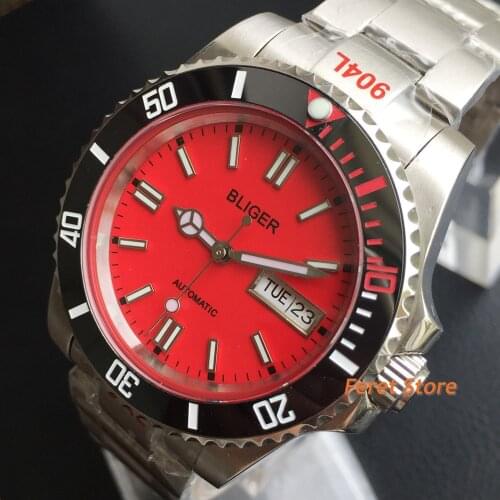 New Bliger 40mm Japan NH36A Red Watch Luminous Dial Sapphire Crystal Date Week Ceramics Bezel Luminous Stainless Strap Watch