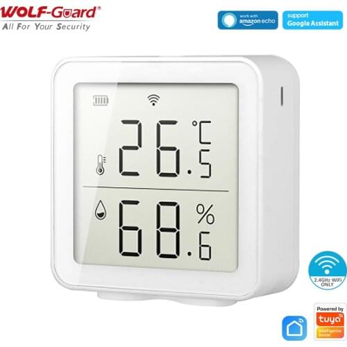Wolf Guard Tuya Smart Home WIFI Temperature detector Humidity Sensor With LED Screen Works With Alexa and Smart Life